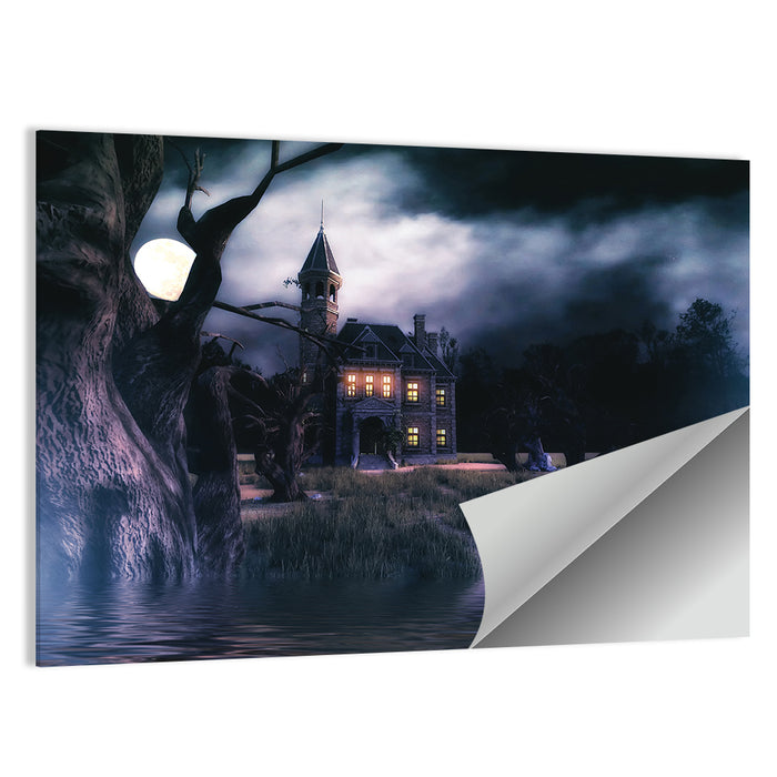 Moonlit Haunted House Wall Art as a poster print