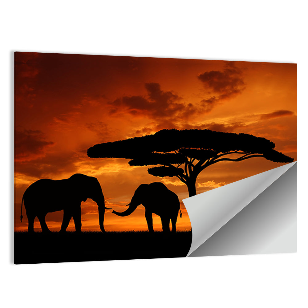 Three Elephants at Sunset Wall Art