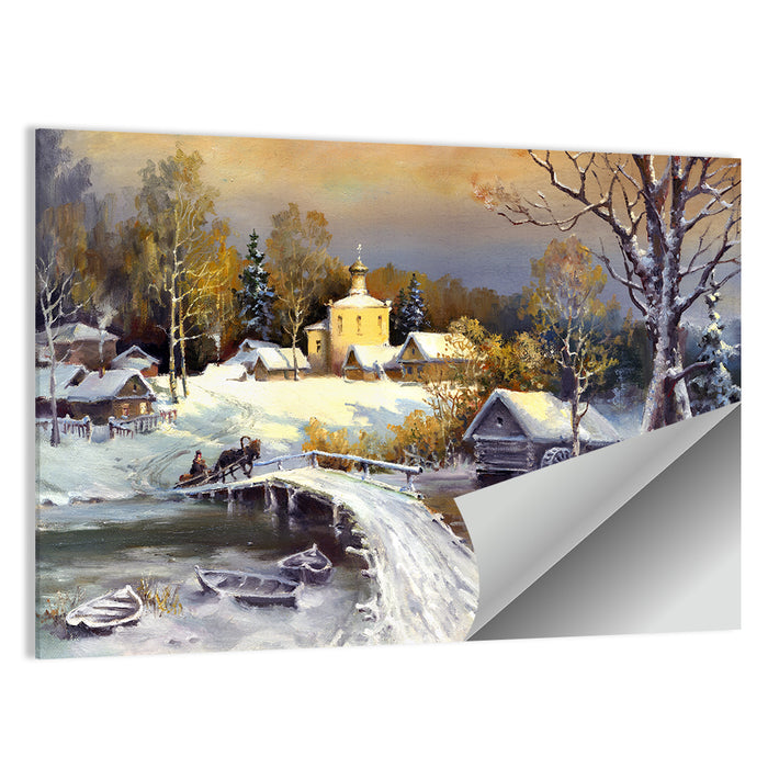 Snowy Village Bridge Wall Art as a poster print