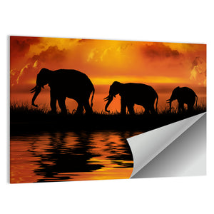 Elephants In Sunset Wall Art