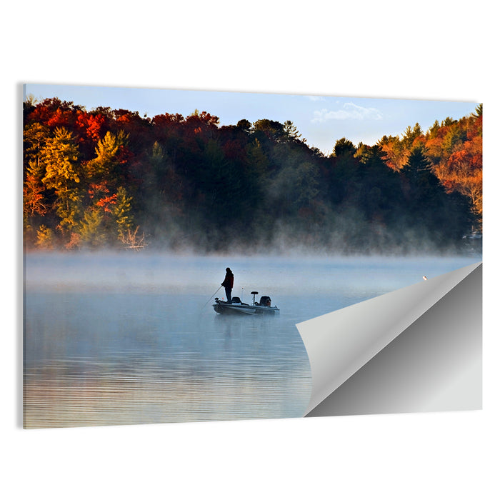 Misty Lake Fisherman Silhouette Wall Art as a poster print