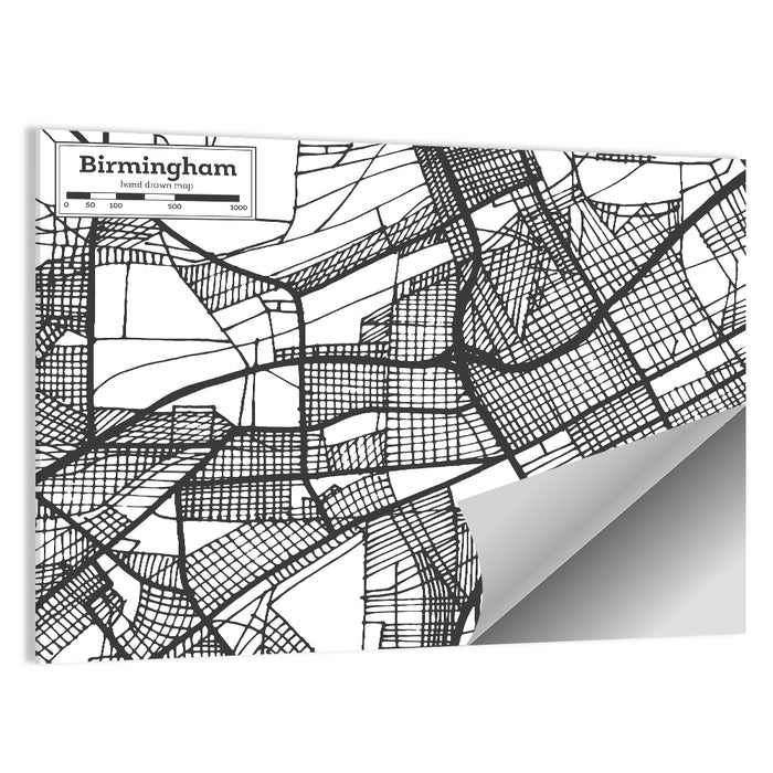 Birmingham Black and White City Map Wall Art as a poster print