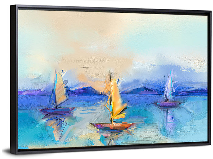 Three Sailboats at Sunset Wall Art as a framed canvas
