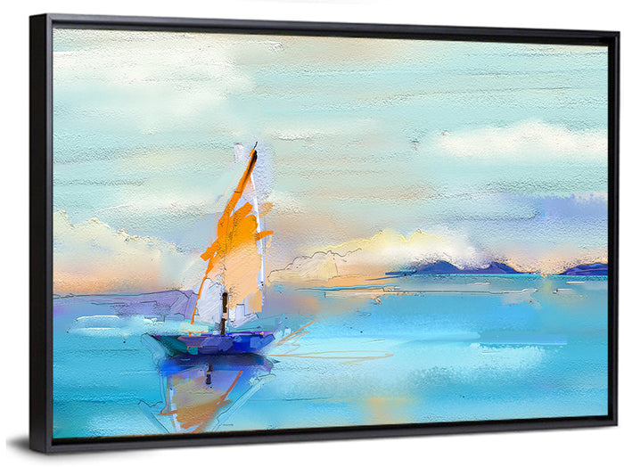 Vibrant Orange Sailboat Seascape Wall Art as a framed canvas