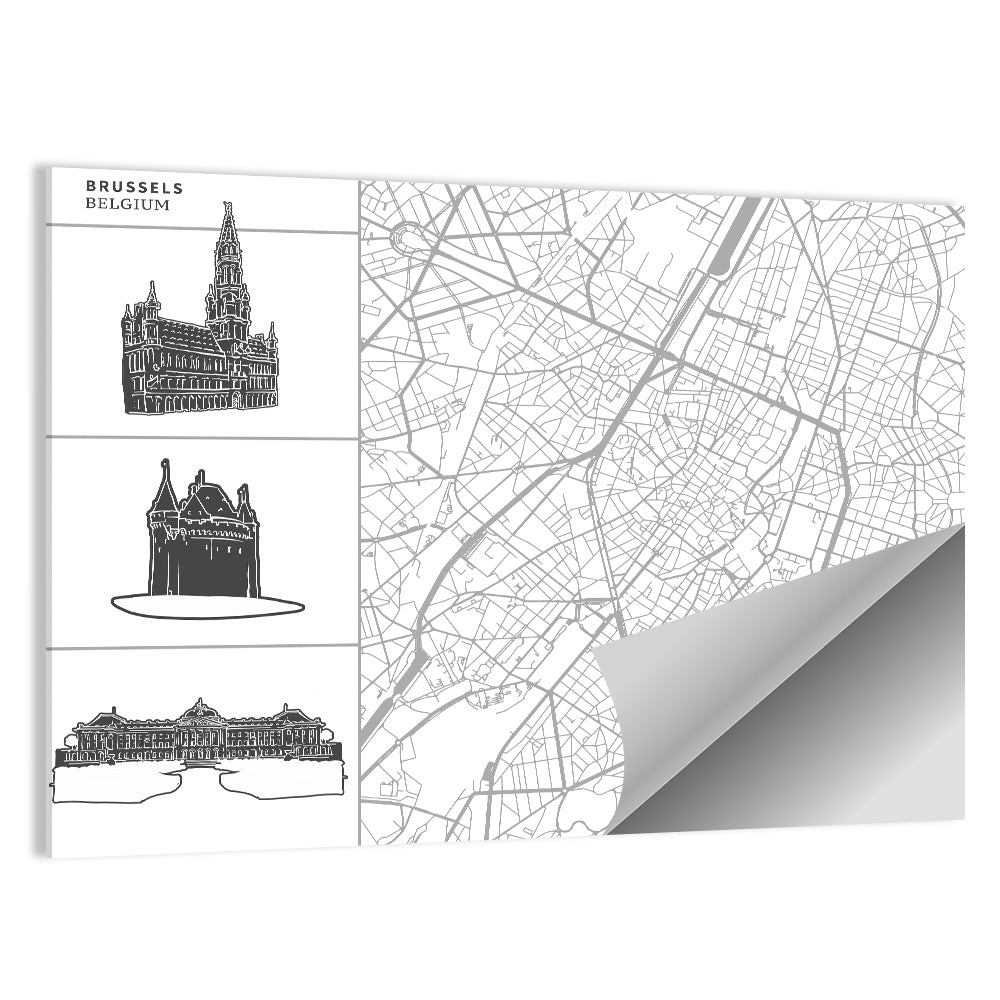 Brussels Map with Architectural Icons Wall Art
