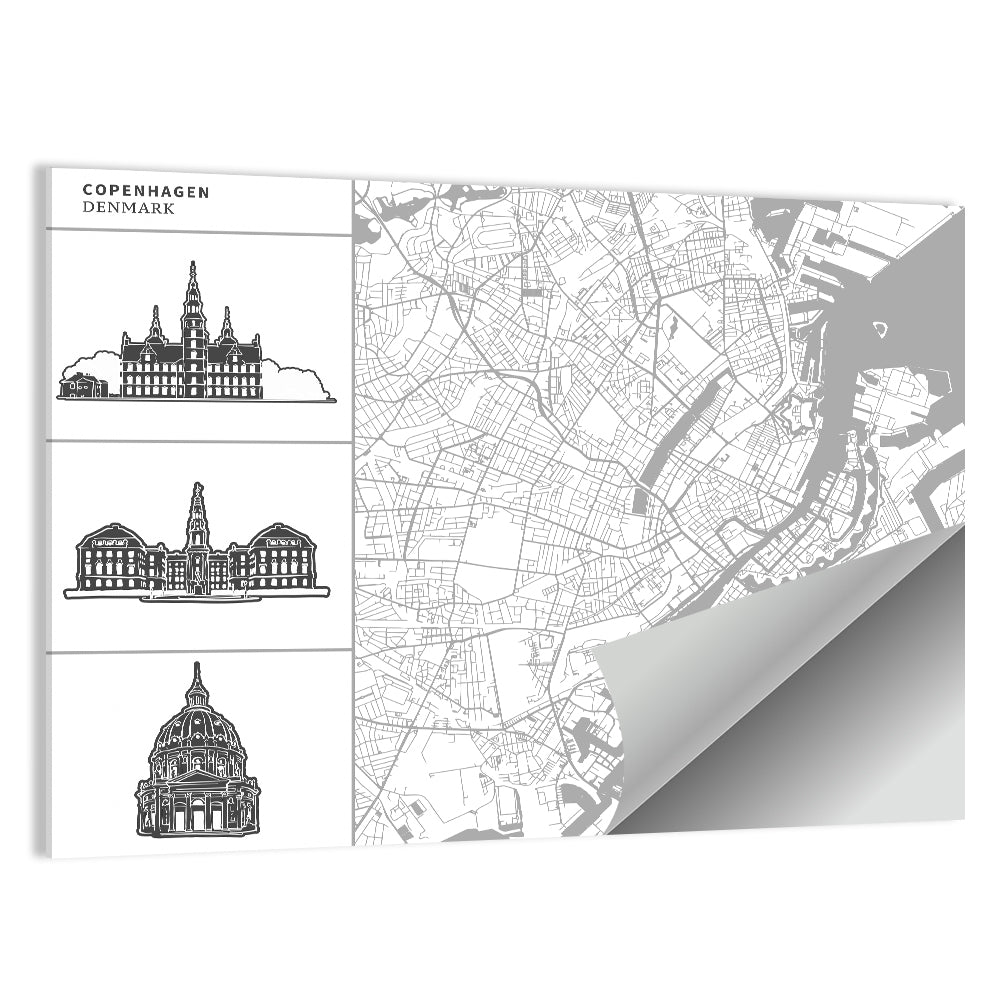 Copenhagen Map with Architectural Silhouettes Wall Art