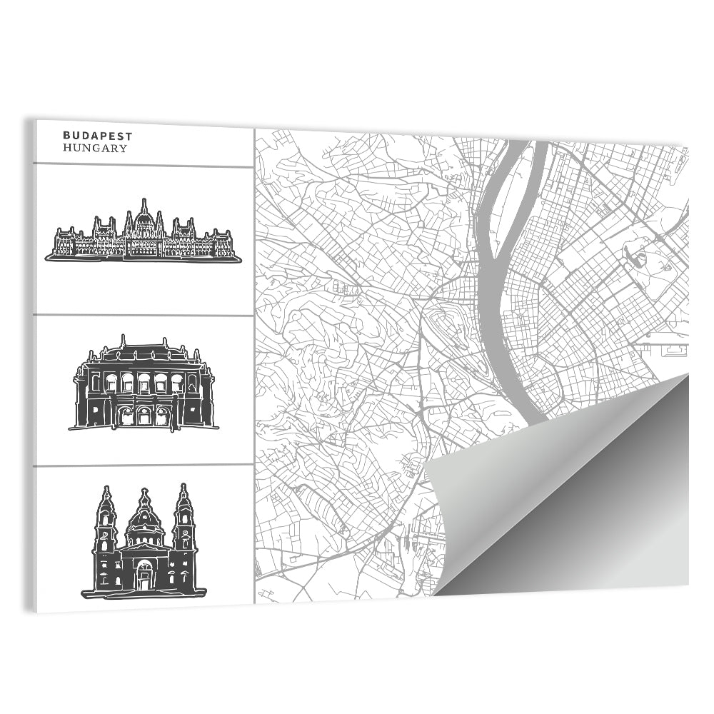 Budapest Map with Landmark Silhouettes Wall Art