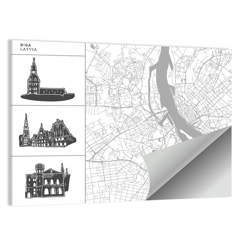 Riga Map with Cathedral Silhouettes Wall Art