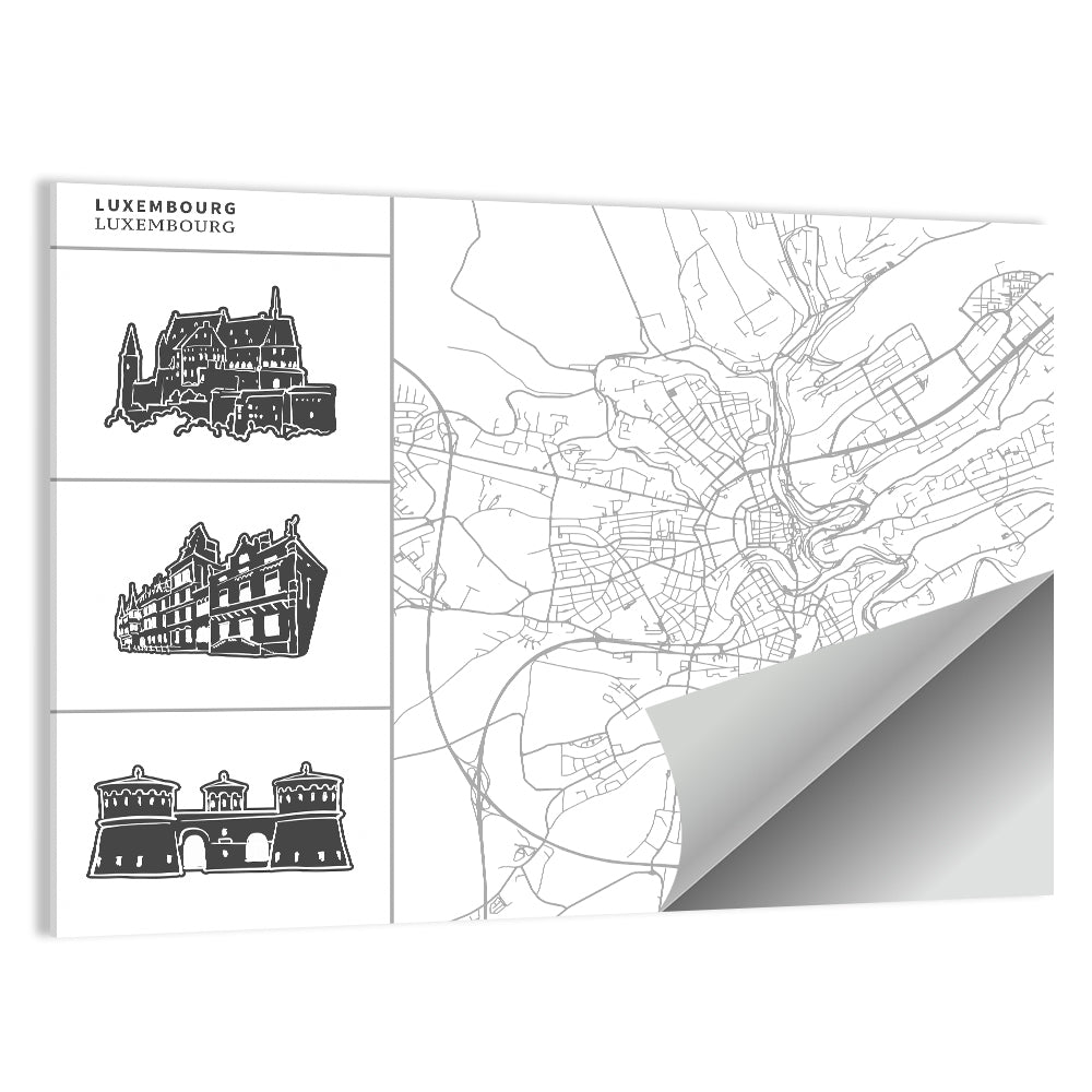 Luxembourg City Map with Landmark Sketches Wall Art