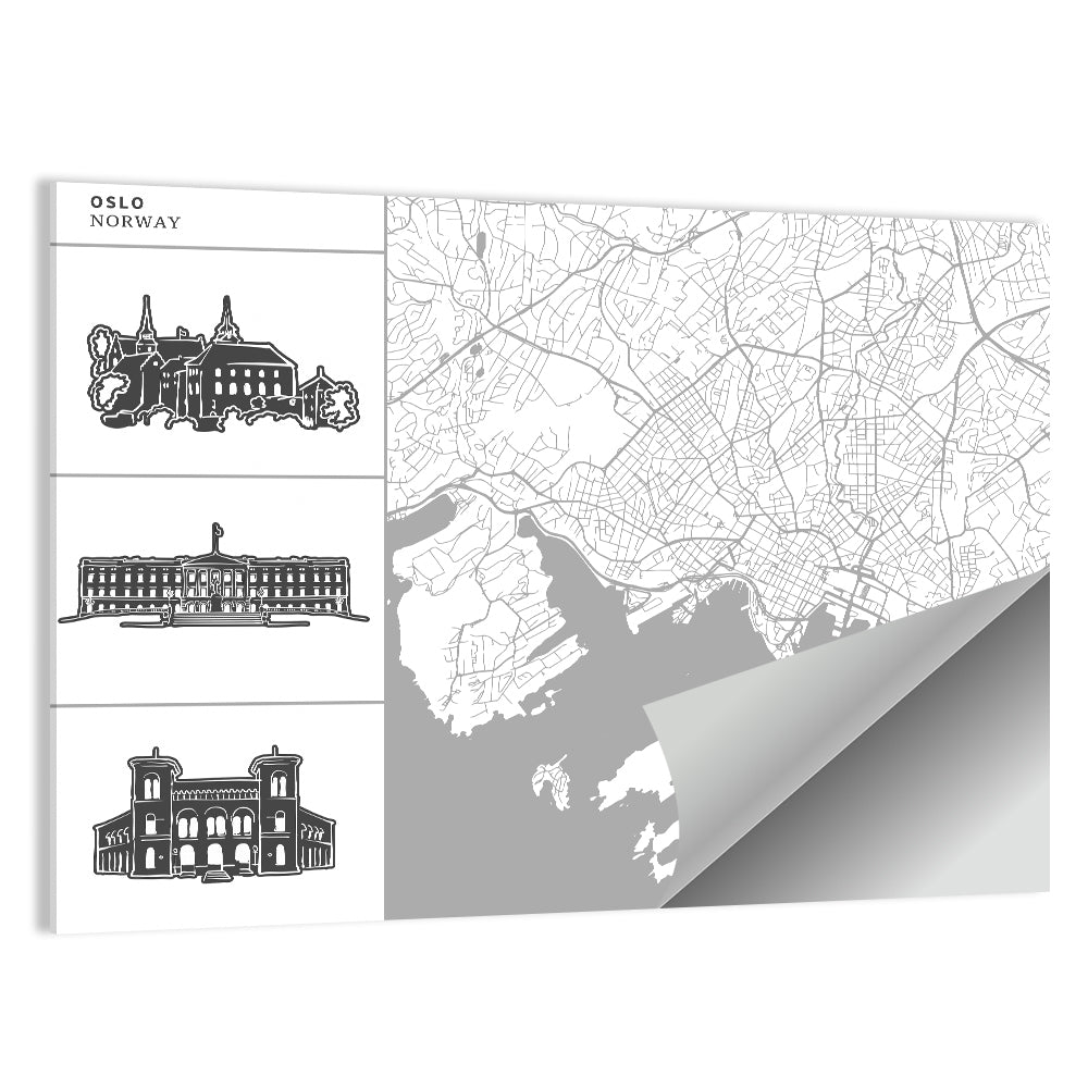 Oslo Map with Harbor Illustrations Wall Art