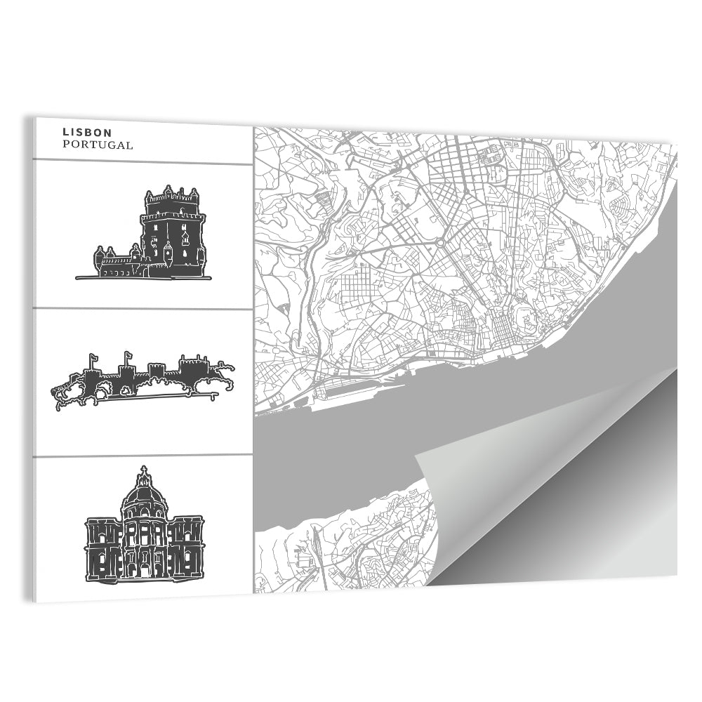 Lisbon Map with Architectural Icons Wall Art