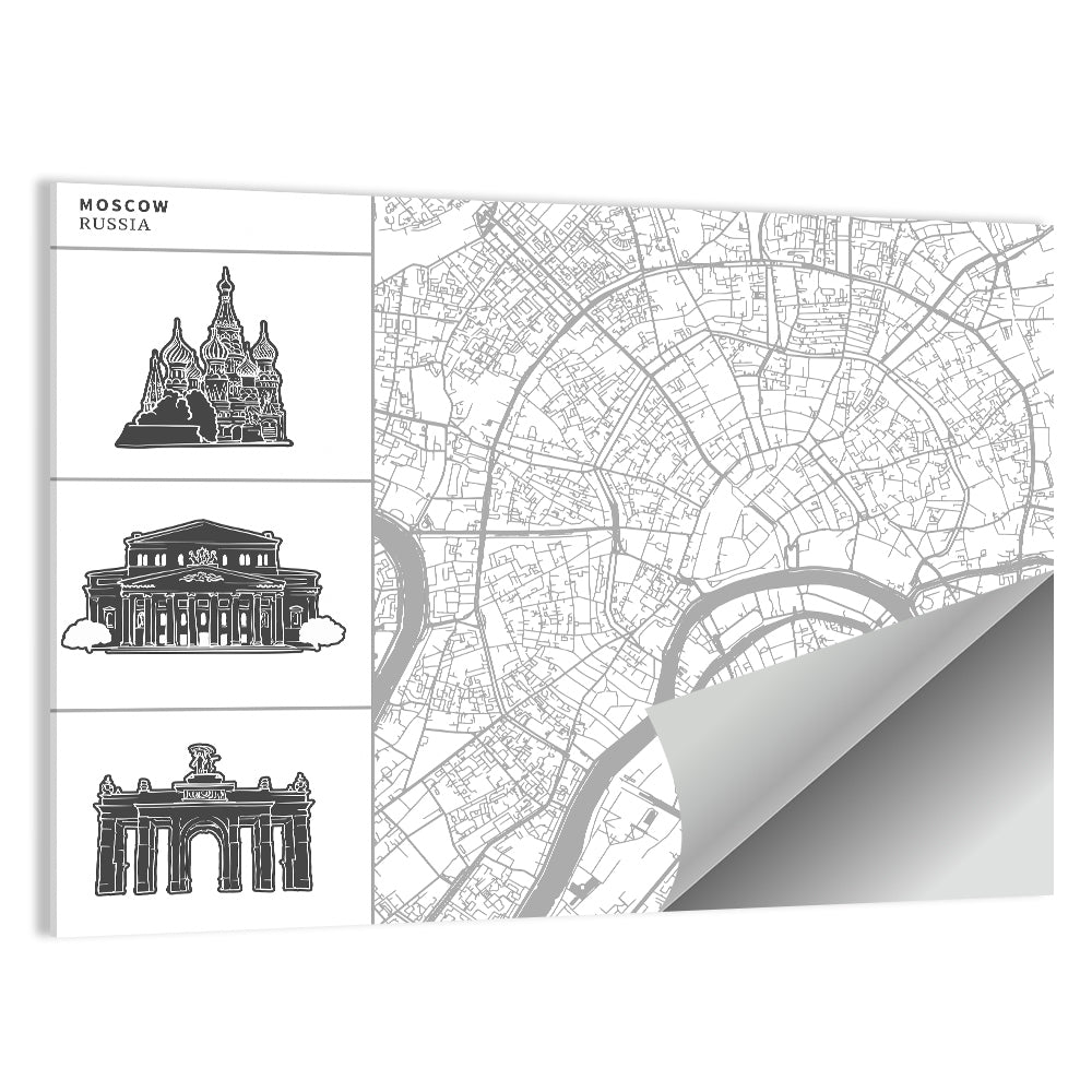 Moscow Map with Landmark Silhouettes Wall Art