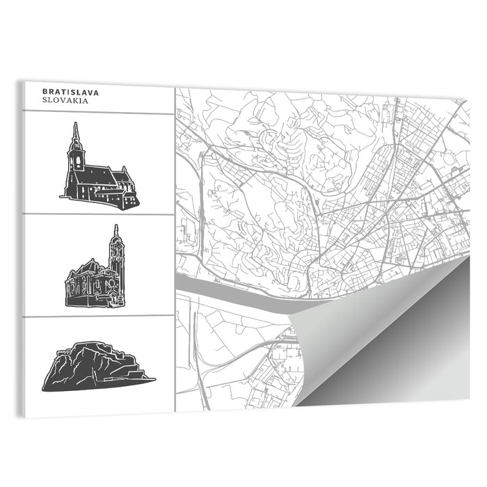 Bratislava Map with Castle and Cathedral Silhouettes Wall Art as a poster print
