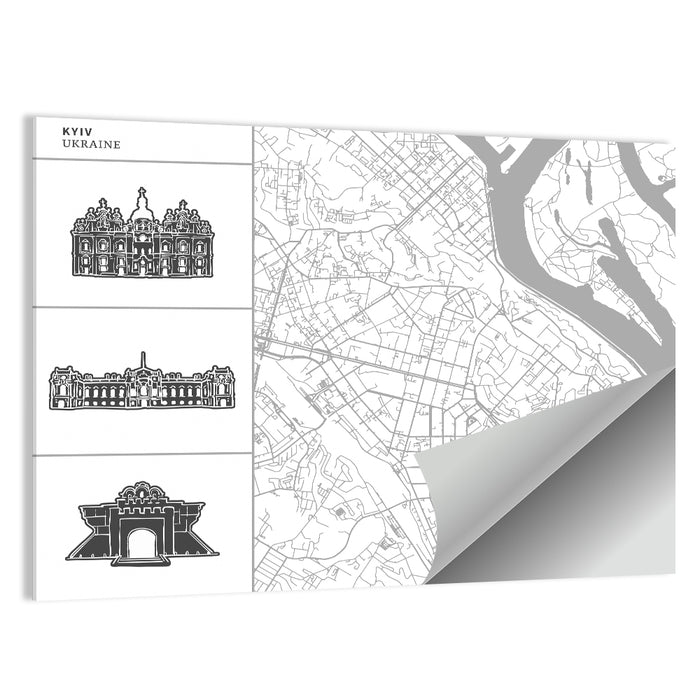 Kyiv Map with Cathedral Silhouettes Wall Art as a poster print