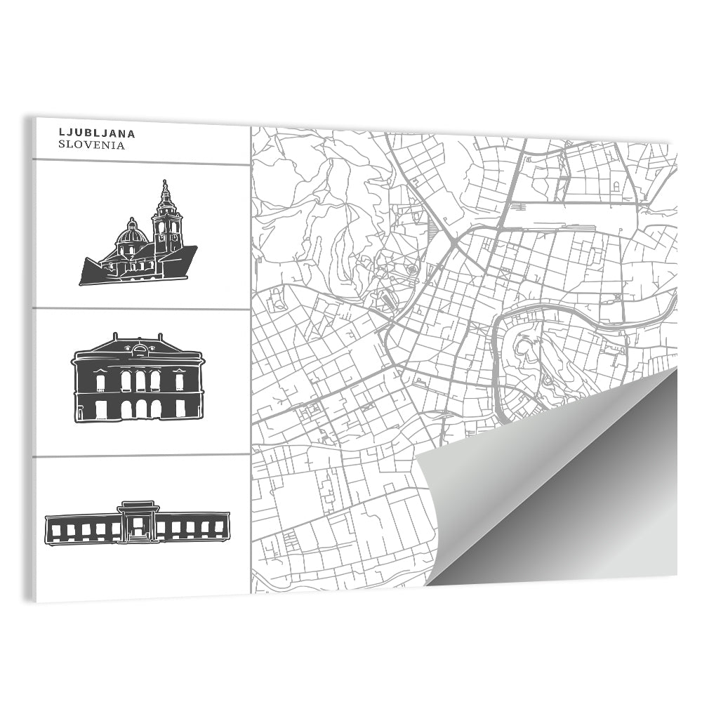 Ljubljana Map with Cathedral Silhouettes Wall Art