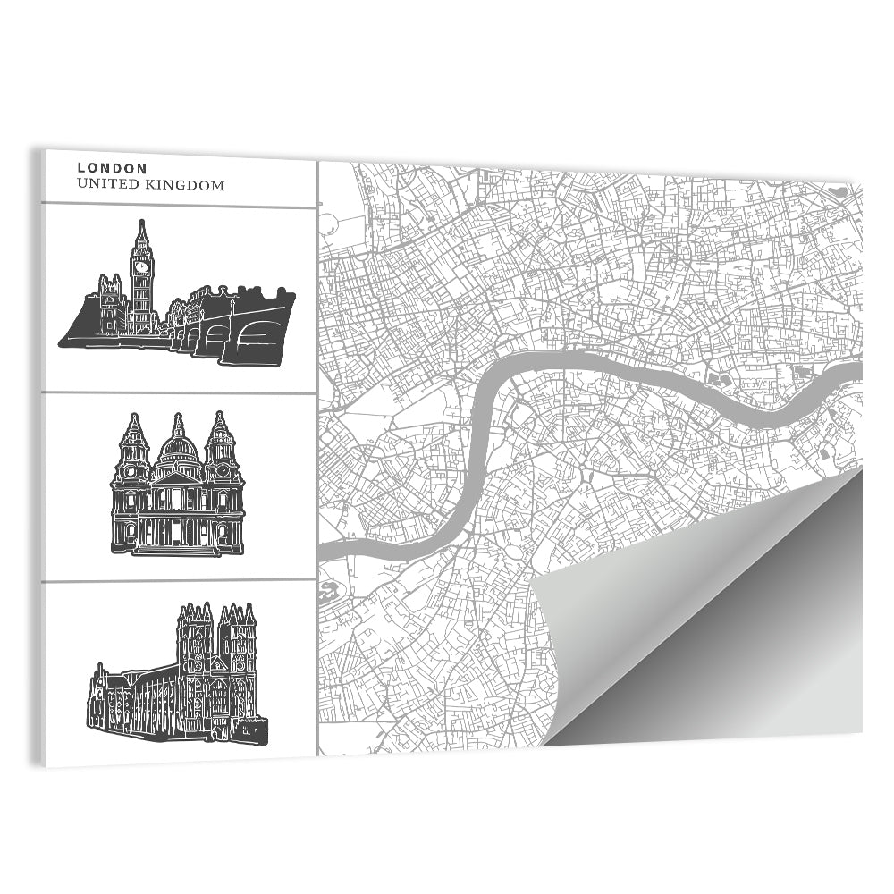 London Map with Landmark Silhouettes Wall Art