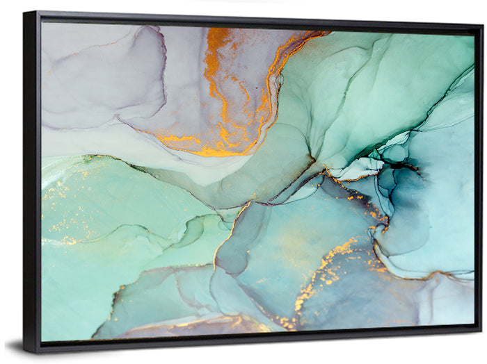 Teal Ink Marbling with Gold Veins Wall Art as a framed canvas