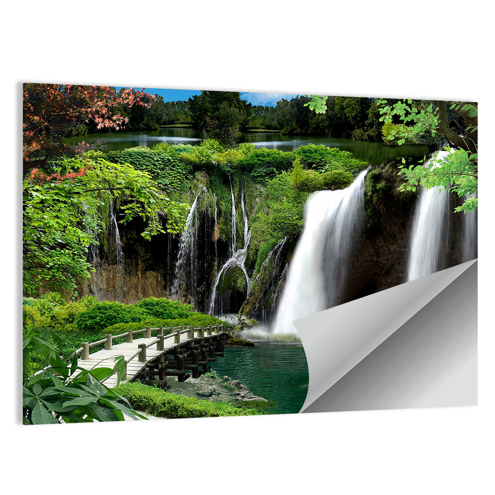 Wooden Bridge and Forest Waterfall Wall Art