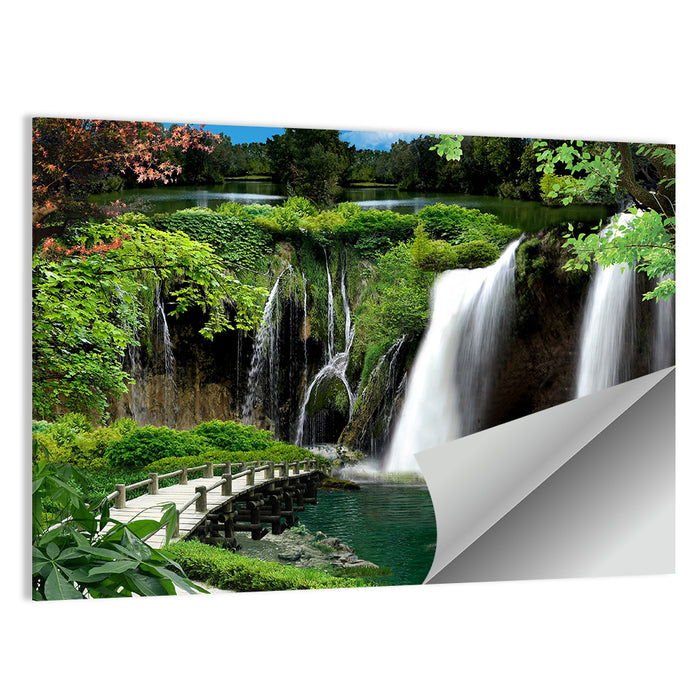 Wooden Bridge and Forest Waterfall Wall Art as a poster print