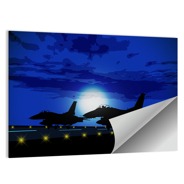 Moonlit Fighter Jets on Runway Wall Art as a poster print