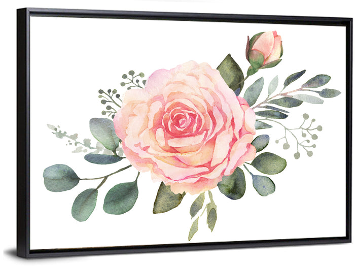 Pink Rose and Eucalyptus Bouquet Wall Art as a framed canvas