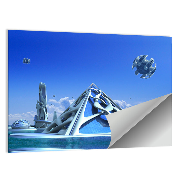 Futuristic Glass Pyramid City Wall Art as a poster print