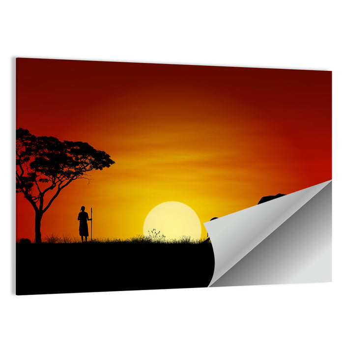 Massai Warrior and Elephants at Sunset Wall Art as a poster print