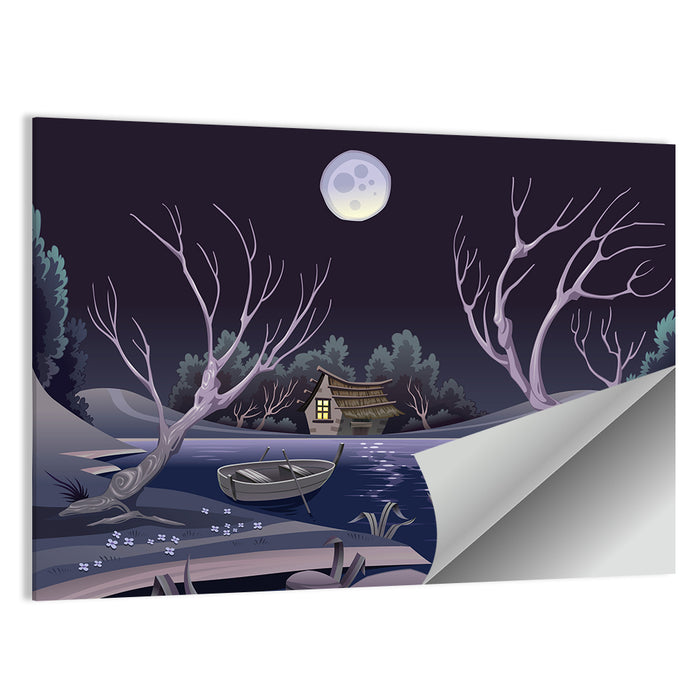 Cottage by Moonlit Pond Wall Art as a poster print