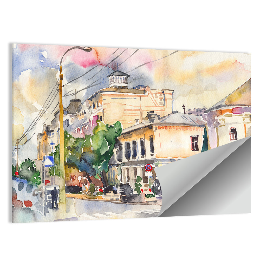 Sunlit City Street Watercolor Wall Art