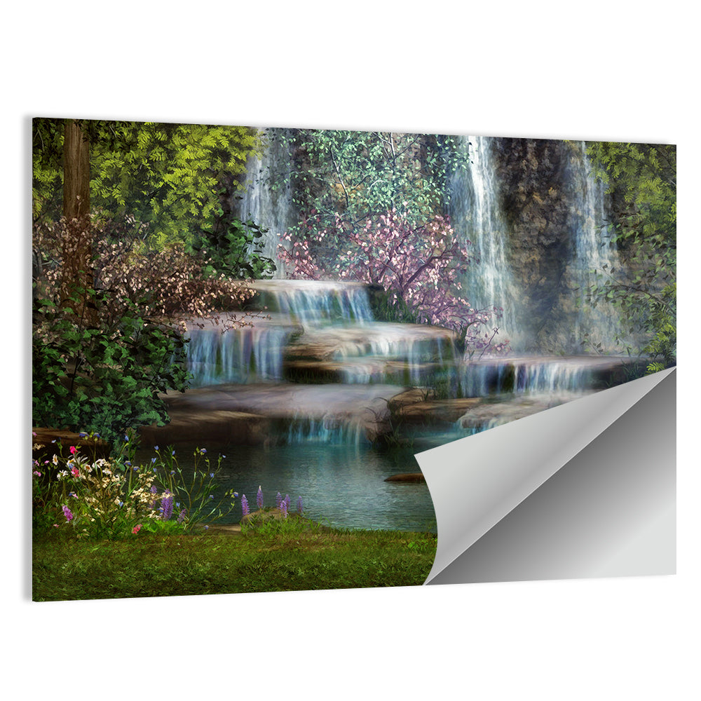 Multi-tier Jungle Waterfall with Pink Blossoms Wall Art
