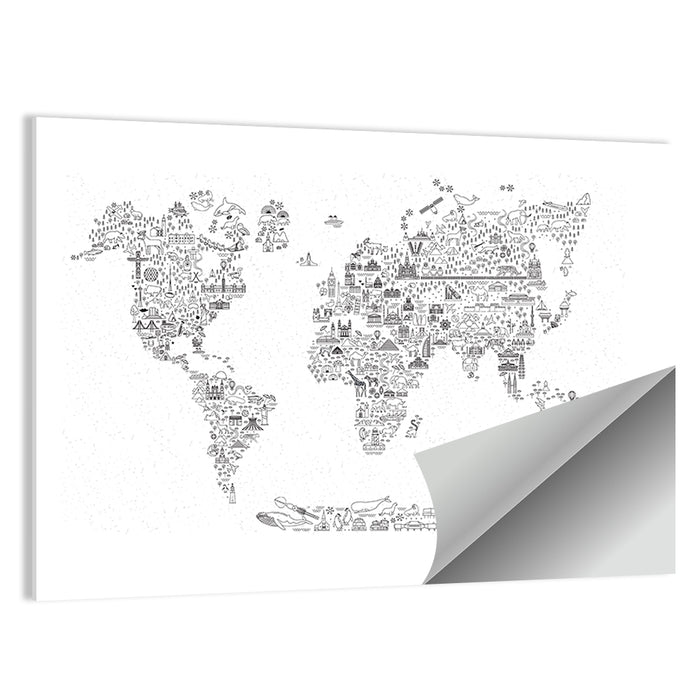 World Map of Travel Icons Wall Art as a poster print