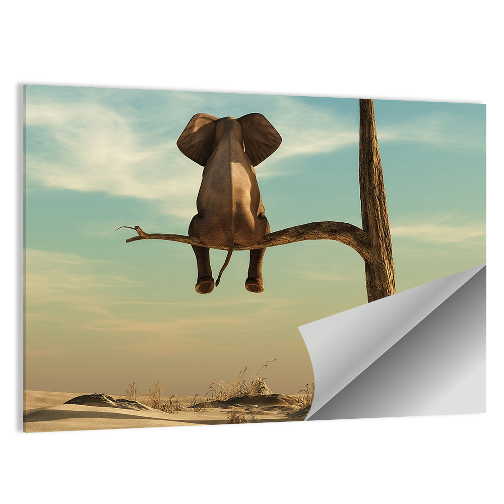 Solitary Elephant on a Tree Branch Wall Art