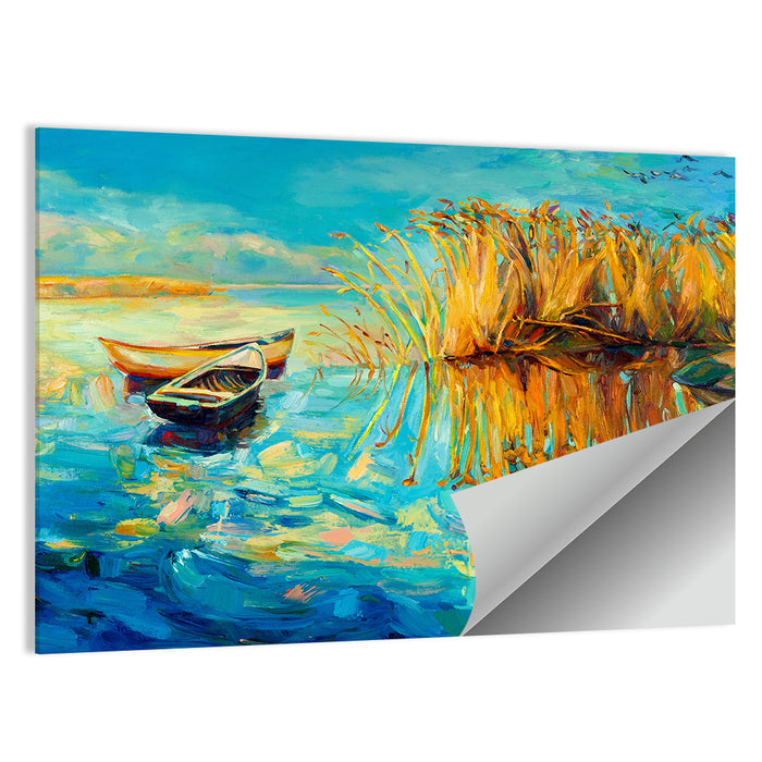 Rowboats and Reeds on Blue Lake Wall Art as a poster print