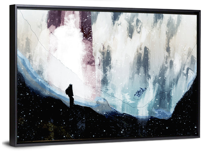 Silhouette on Cliff Over Waterfall Wall Art as a framed canvas