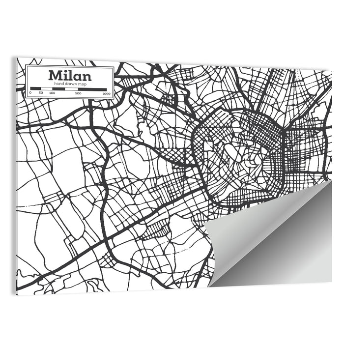 Milan City Map Monochrome Wall Art as a poster print