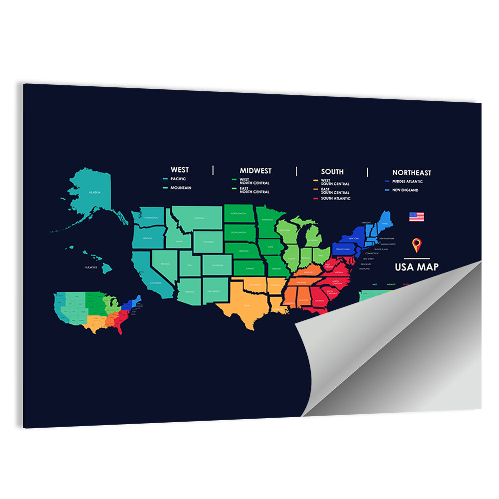 Detailed Map Of US Regions Wall Art