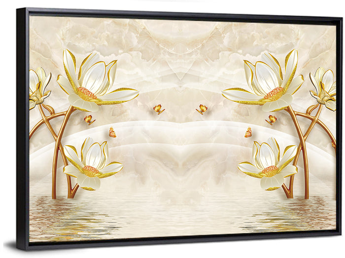 3d Lotus and Butterfly Illustration Wall Art as a framed canvas