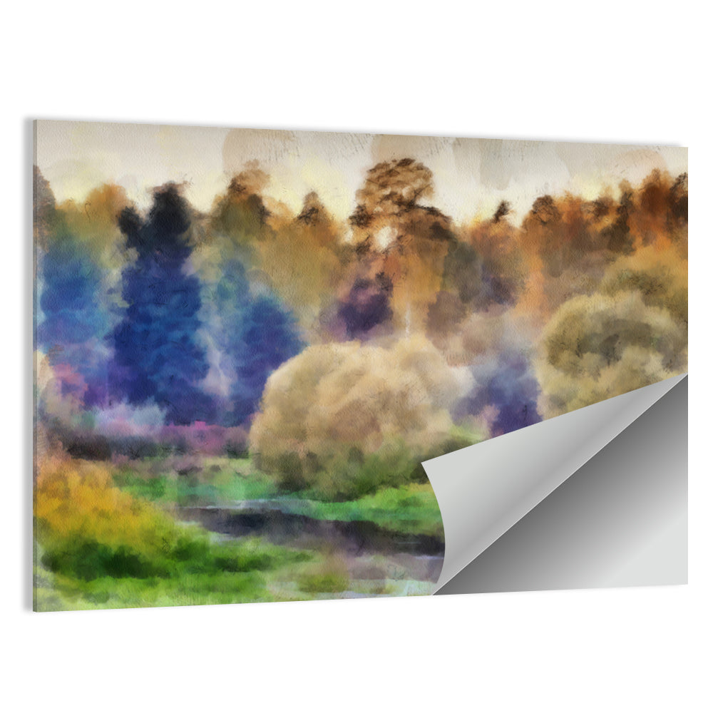 Misty Forest River Watercolor Wall Art