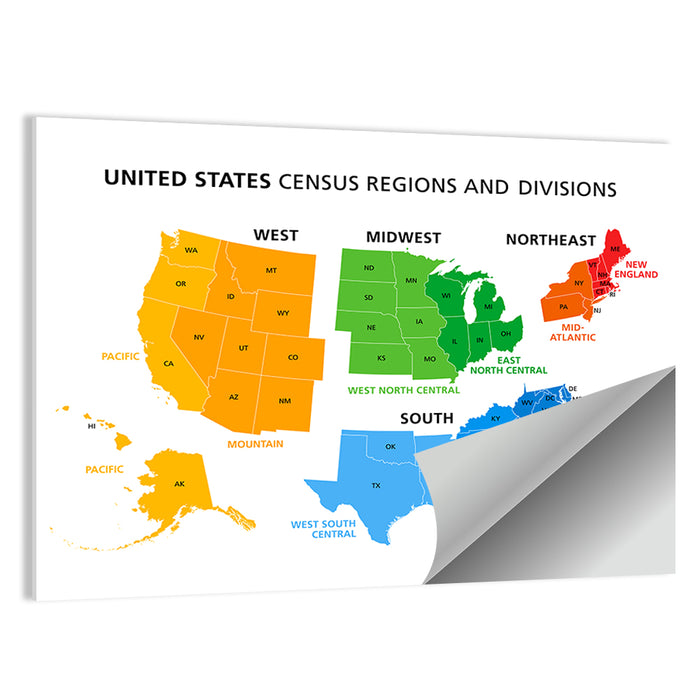 United States Census Regions Map Wall Art as a poster print