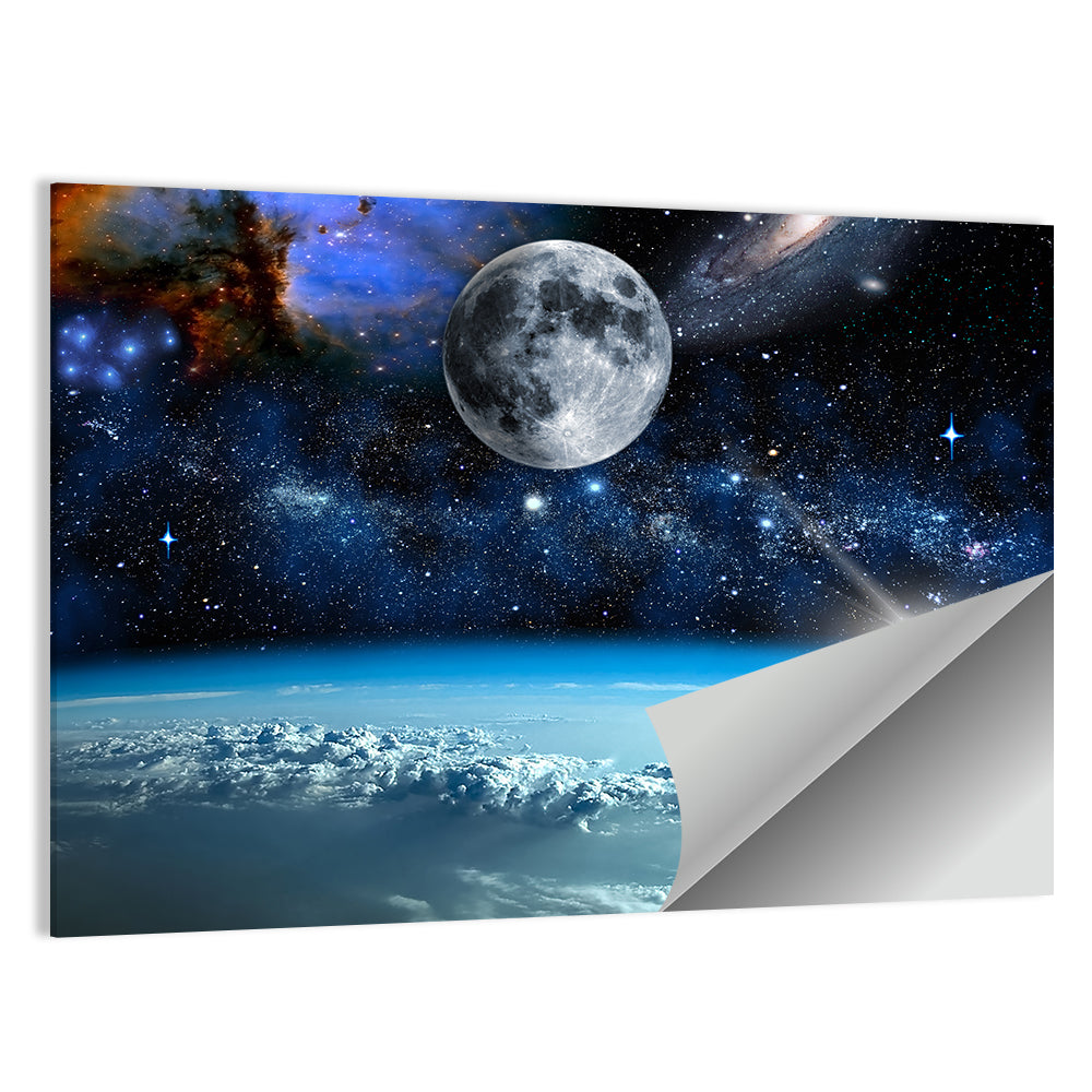 Earth and Moon Over Clouds Wall Art