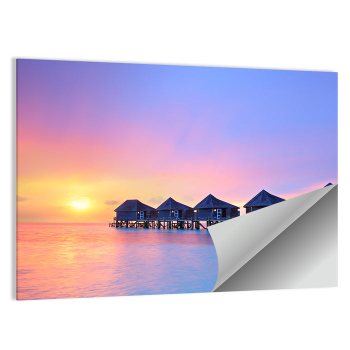Maldives Sunset Over Water Bungalows Wall Art as a poster print