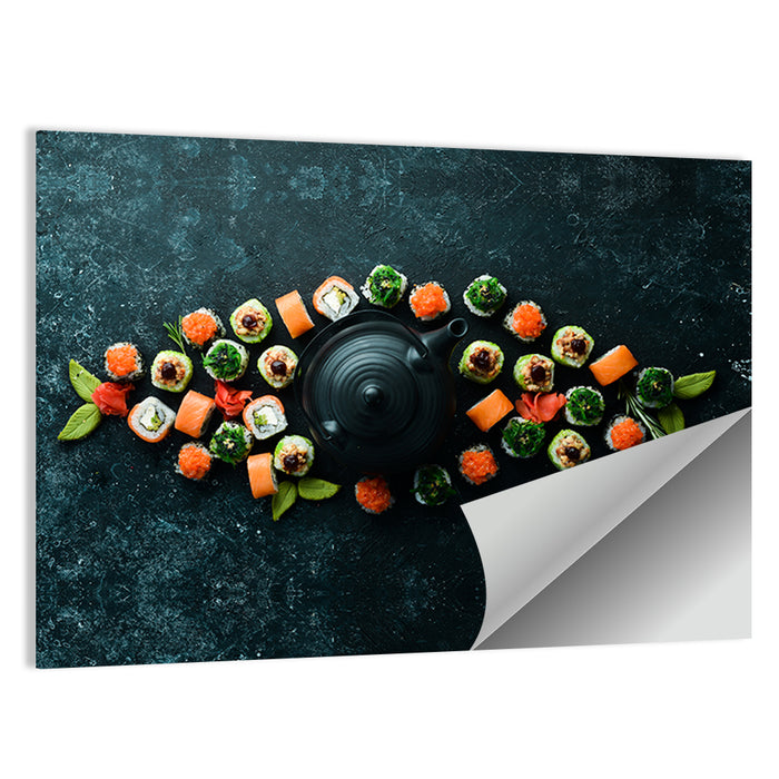 Sushi and Teapot Flat Lay Wall Art as a poster print