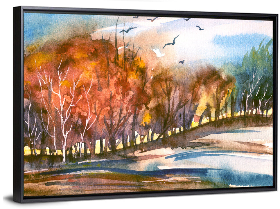Autumn Dusk Watercolor Landscape Wall Art