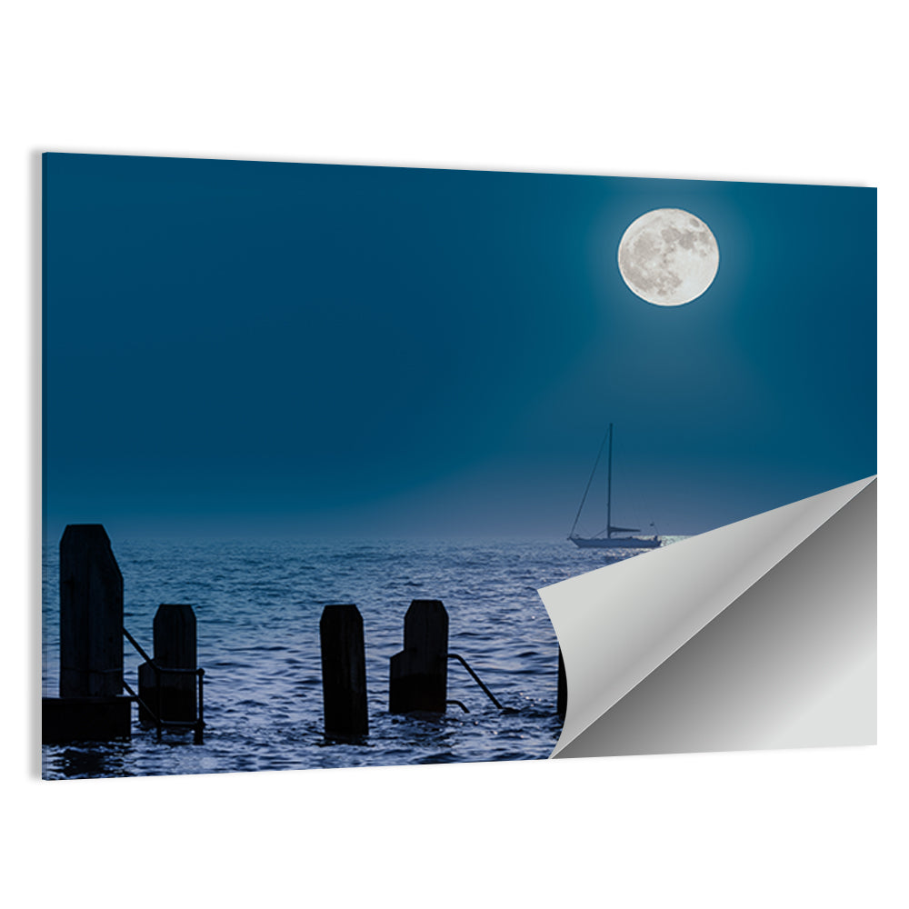 Moonlit Sailboat with Wooden Pylons Wall Art
