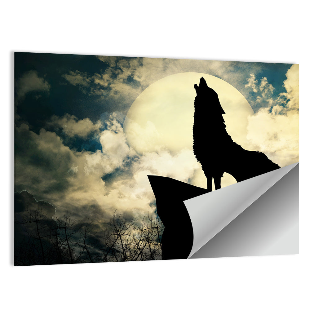 Howling Wolf Silhouette Against Full Moon Wall Art