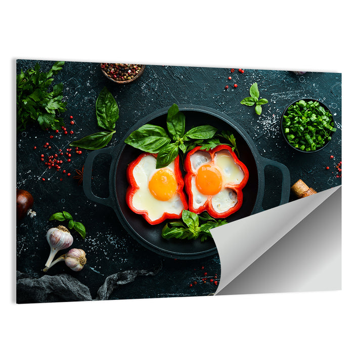 Cast Iron Fried Eggs with Sweet Pepper Wall Art as a poster print