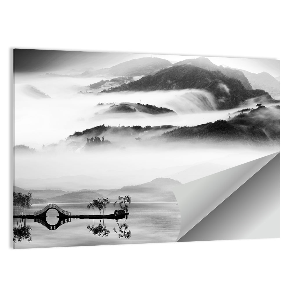 Misty Chinese Lake with Bridge Wall Art