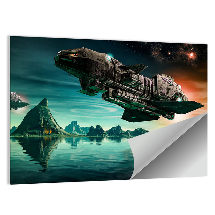 Dusk Battle Spacecraft Over Mountain Lake Wall Art as a poster print