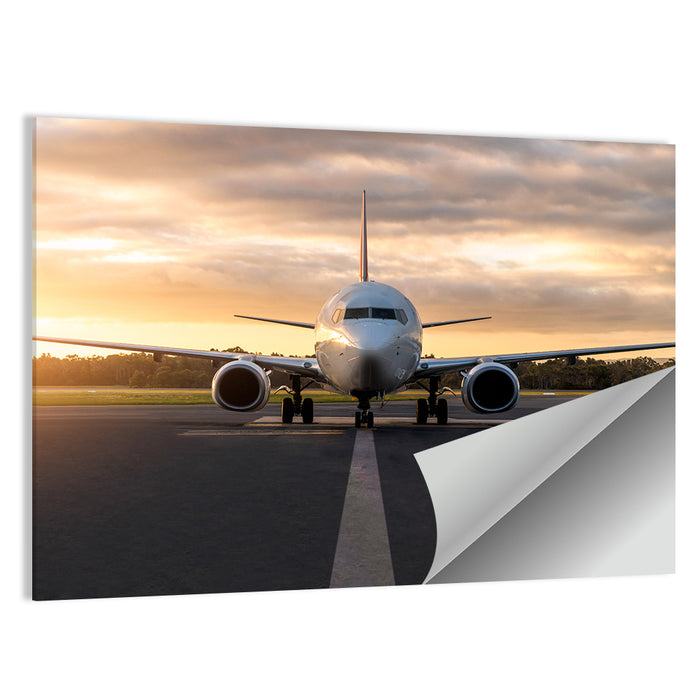 Front Facing Airplane on Runway at Sunset Wall Art as a poster print