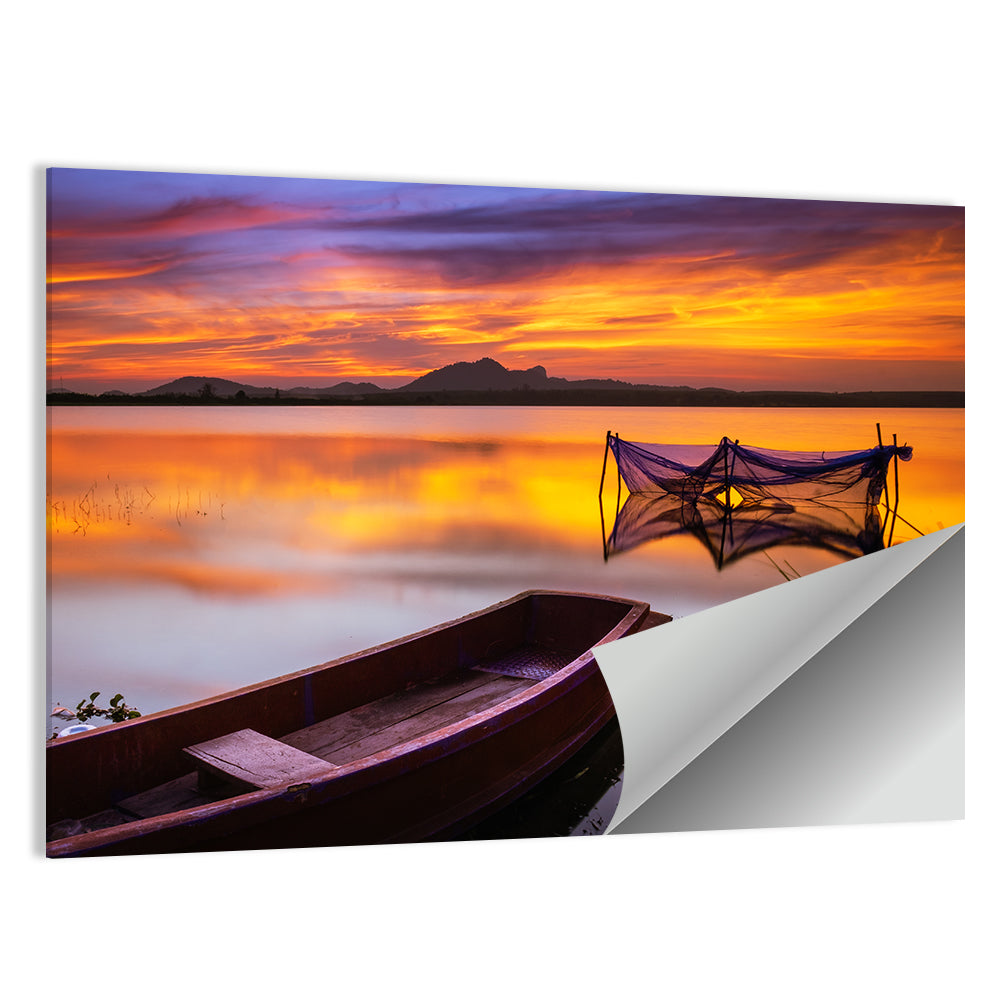 Boat Near Fishing Net at Sunset Wall Art